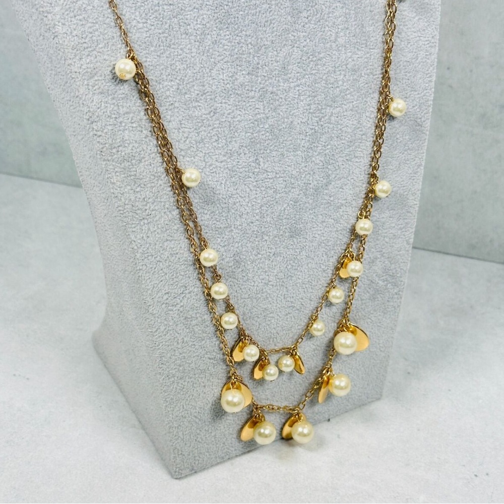 J.Crew Gold-Tone Faux Pearl Double Strand Link Chain Necklace